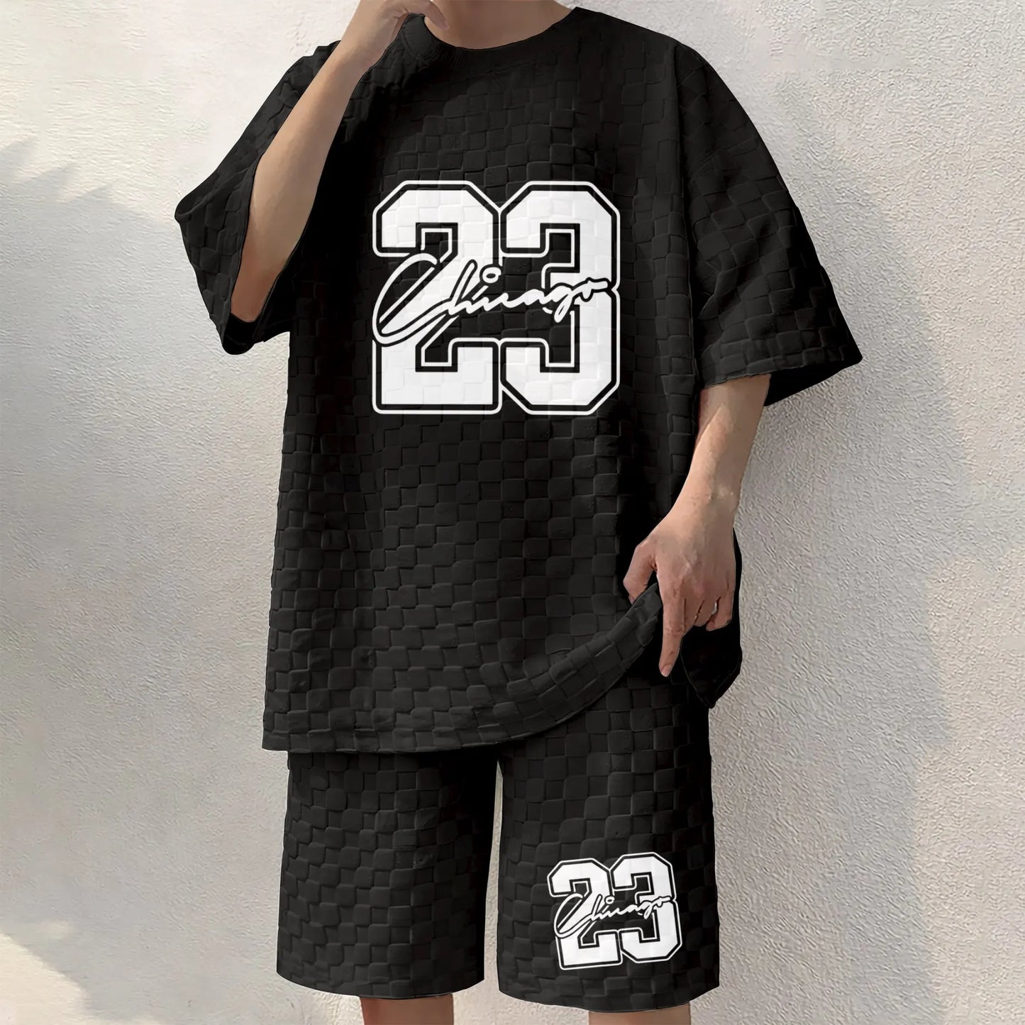 Men's No. 23 Graphic Print Spring And Summer Drawstring Shorts Set, A Casual Summer Outfit, Including A Short-Sleeved Shirt And Shorts, Suitable For Everyday Wear And Sports Activities. A Two-Piece Set For A Relaxed And Active Lifestyle.