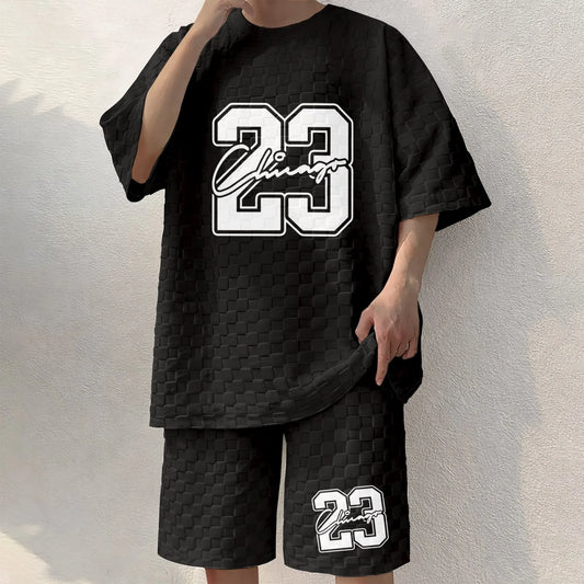 Men's No. 23 Graphic Print Spring And Summer Drawstring Shorts Set, A Casual Summer Outfit, Including A Short-Sleeved Shirt And Shorts, Suitable For Everyday Wear And Sports Activities. A Two-Piece Set For A Relaxed And Active Lifestyle.