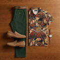 Men's Retro Brown Printed Short-Sleeve Shirt And Trousers Two-Piece Set