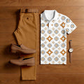 Men's Casual Brown & White Color Matching Retro Style Printed Short Sleeved Polo Shirt & Trousers Two-Piece Set