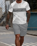 Men's Casual Waffle Textured Summer Round Neck Short Sleeve Shorts Set 0012