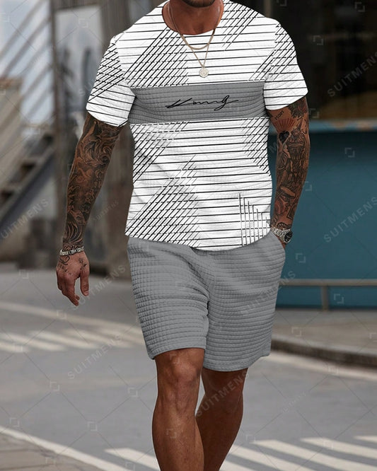 Men's Casual Waffle Textured Summer Round Neck Short Sleeve Shorts Set 0012