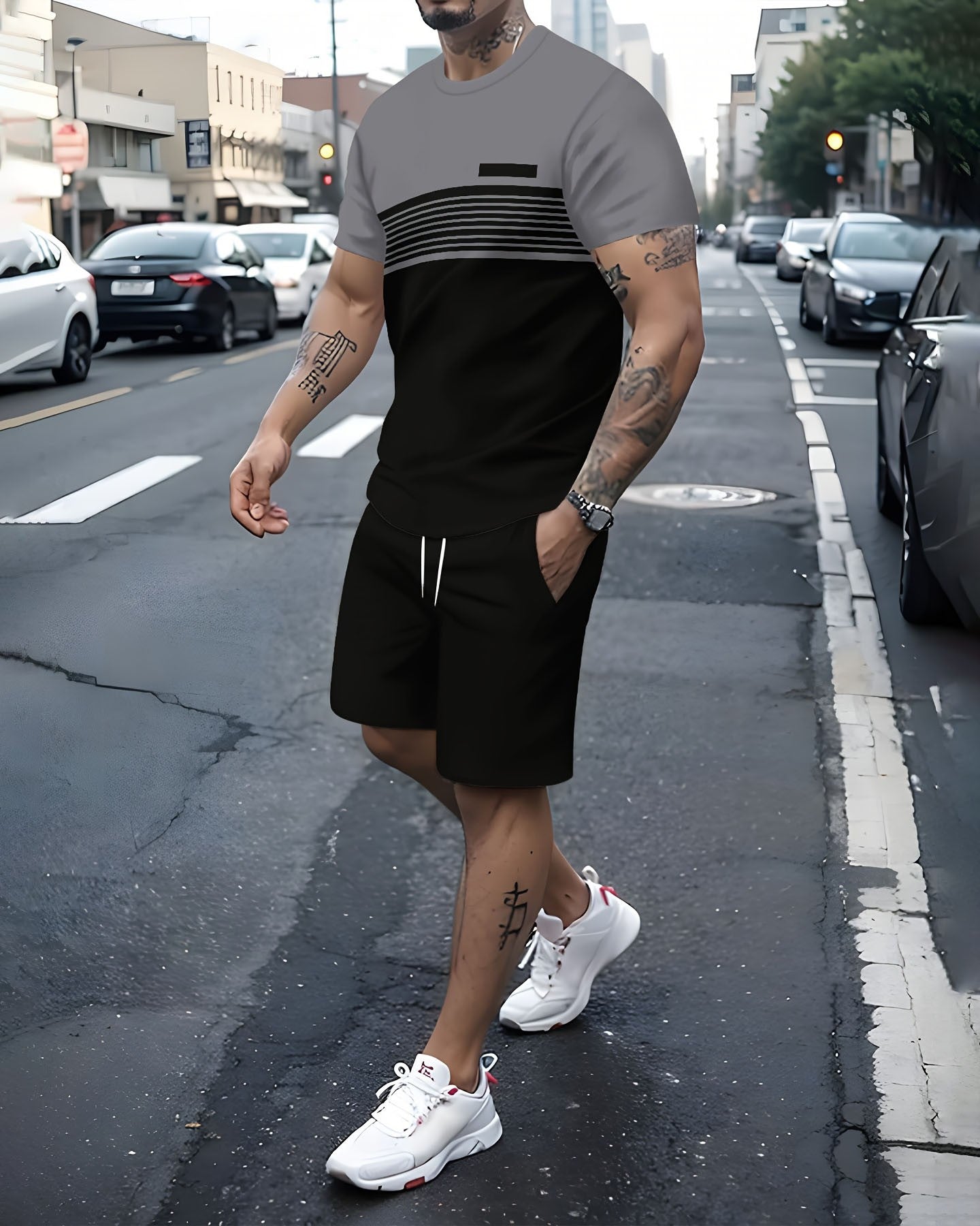 Men's Gradient Summer Round Neck Set 137