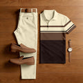 Men's Casual Apricot & Coffee Color Matching Striped Printed Short Sleeved Polo Shirt & Trousers Two-Piece Set203322
