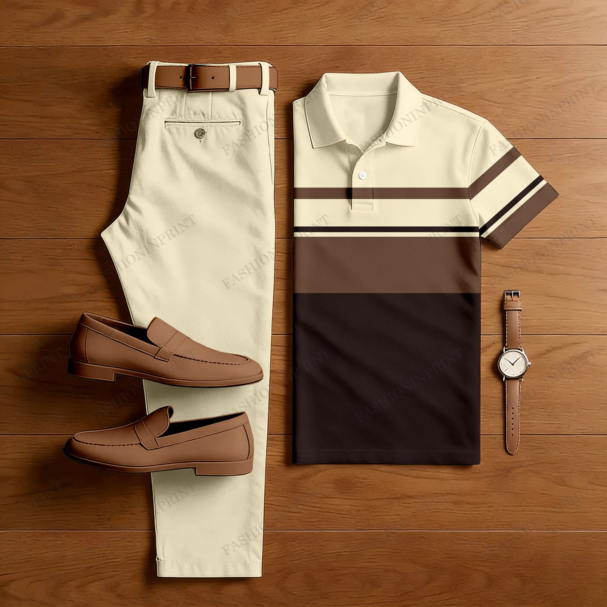 Men's Casual Apricot & Coffee Color Matching Striped Printed Short Sleeved Polo Shirt & Trousers Two-Piece Set203322