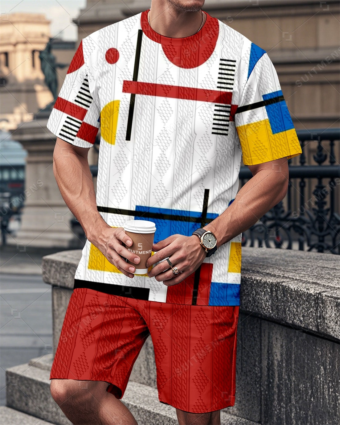 Men's Colorblock Round Neck Jacquard Texture Print Shorts Set 002