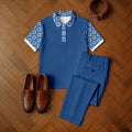 Men's Casual Blue & White Color Matching Retro Style Printed Short Sleeved Polo Shirt & Trousers Two-Piece Set