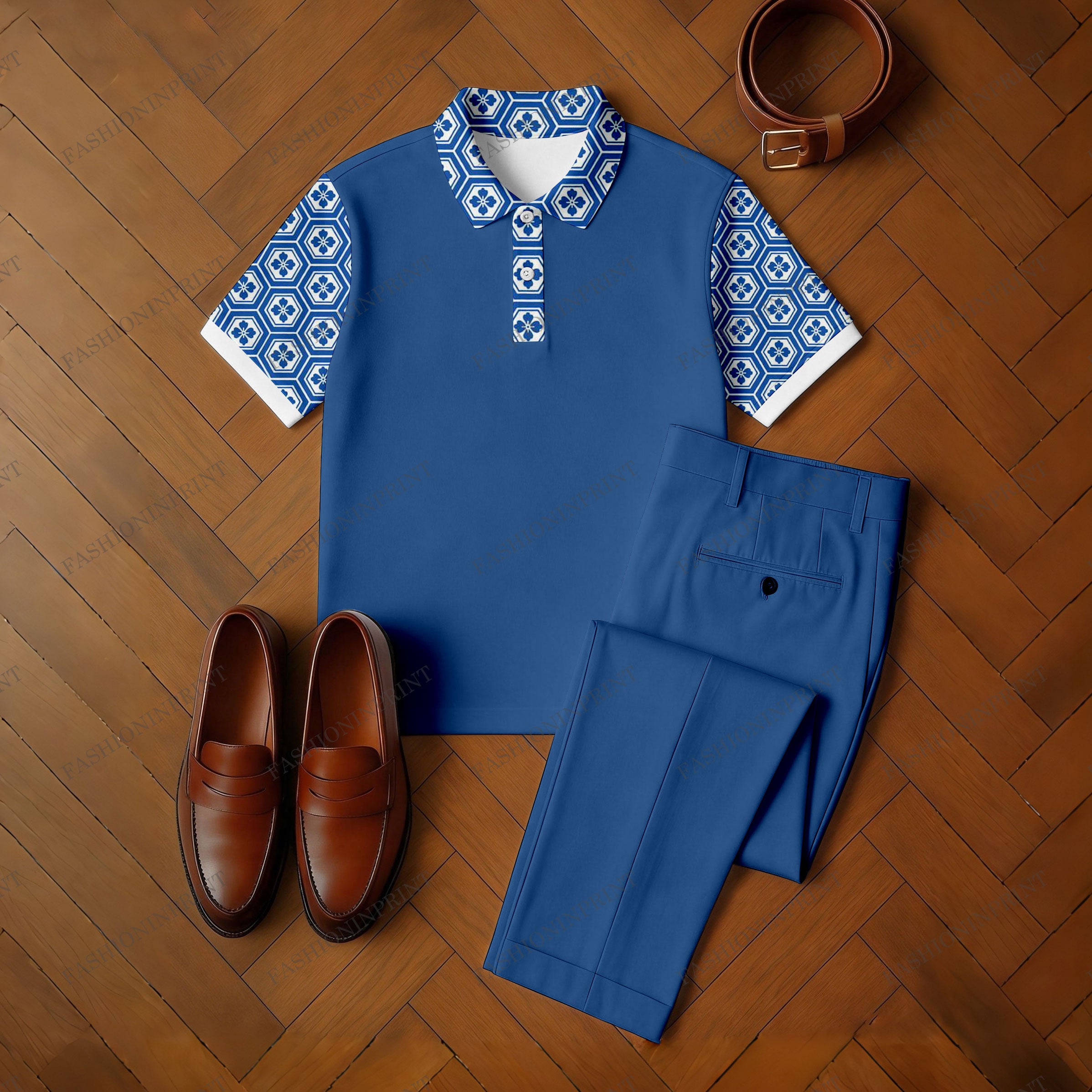 Men's Casual Blue & White Color Matching Retro Style Printed Short Sleeved Polo Shirt & Trousers Two-Piece Set