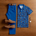 Men's Casual Dark Blue  Printed Polo Shirt And Pants Two-Piece Set
