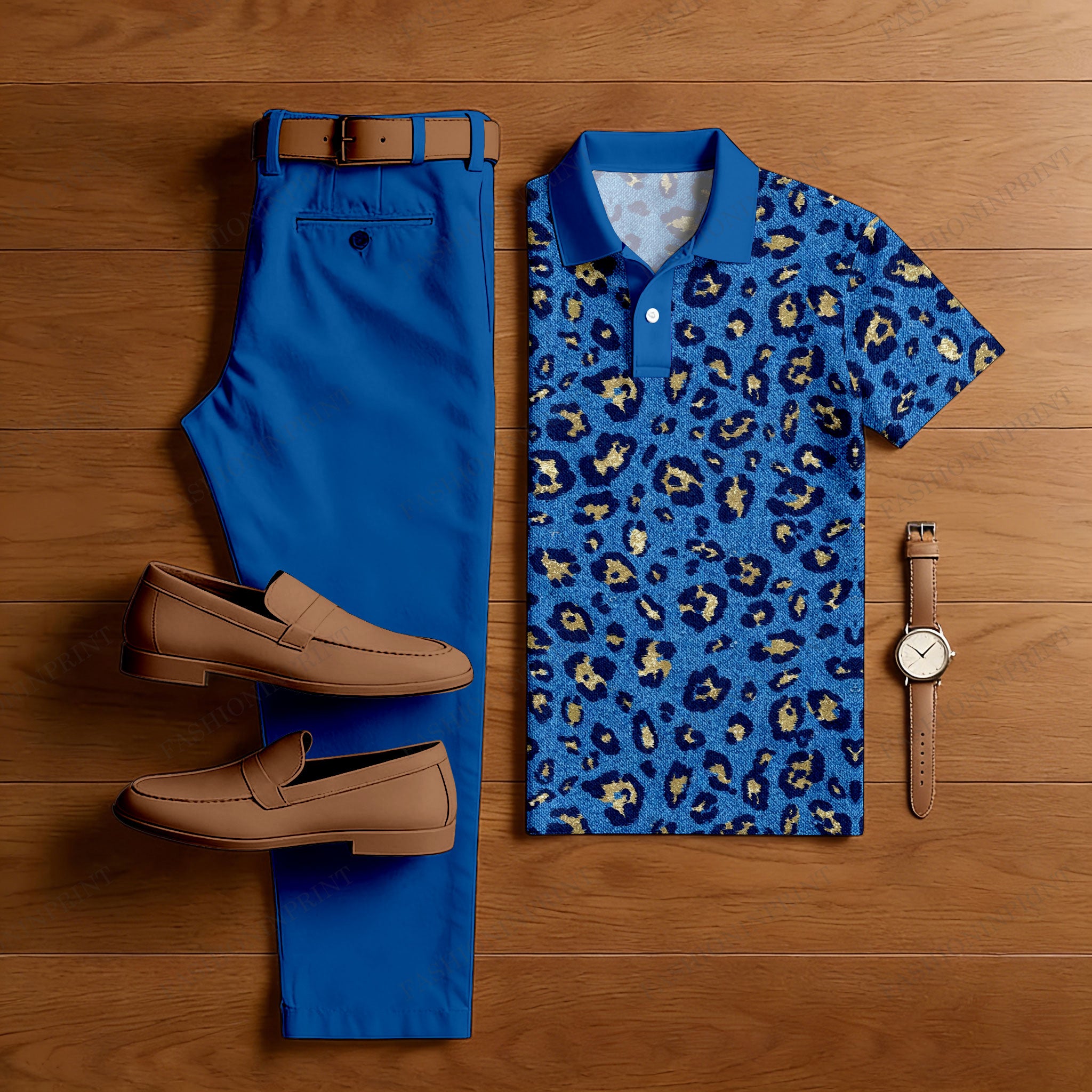 Men's Casual Dark Blue  Printed Polo Shirt And Pants Two-Piece Set