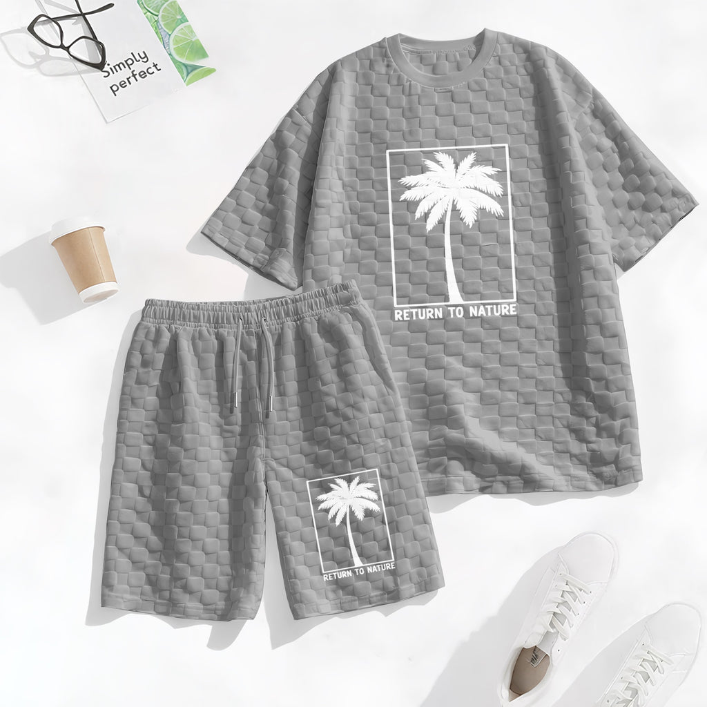 Men's Palm Print Spring And Summer Drawstring Shorts Set, A Casual Summer Outfit, Including A Short-Sleeved Shirt And Shorts, Suitable For Everyday Wear And Sports Activities.