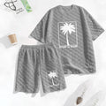 Men's Palm Print Spring And Summer Drawstring Shorts Set, A Casual Summer Outfit, Including A Short-Sleeved Shirt And Shorts, Suitable For Everyday Wear And Sports Activities.
