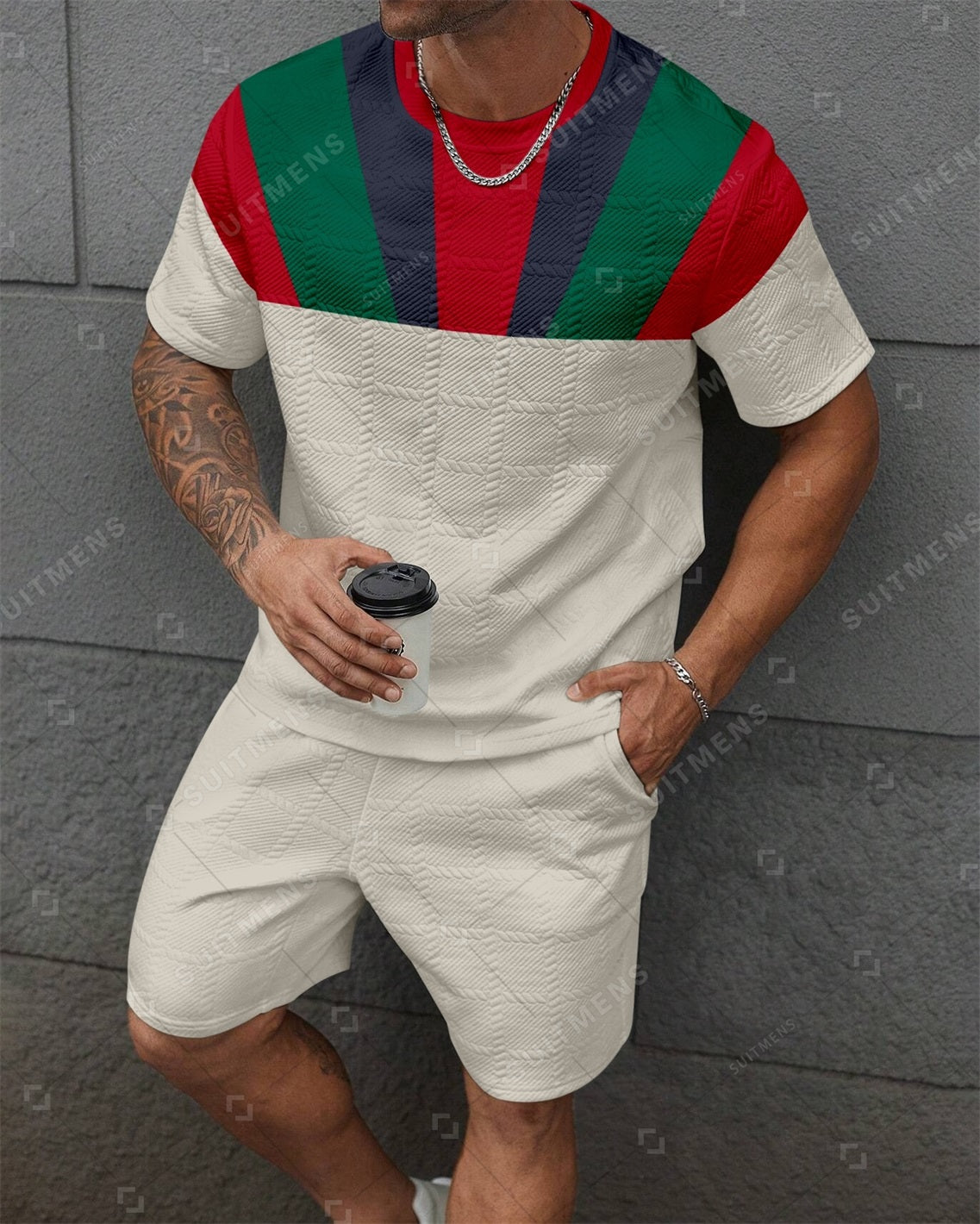 Men's Jacquard Textured Color Block Printed Short Sleeve Shorts Set 0013