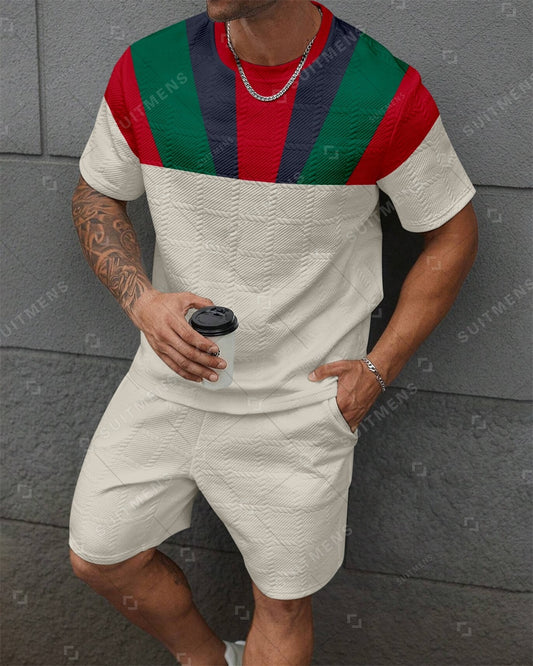 Men's Jacquard Textured Color Block Printed Short Sleeve Shorts Set 0013