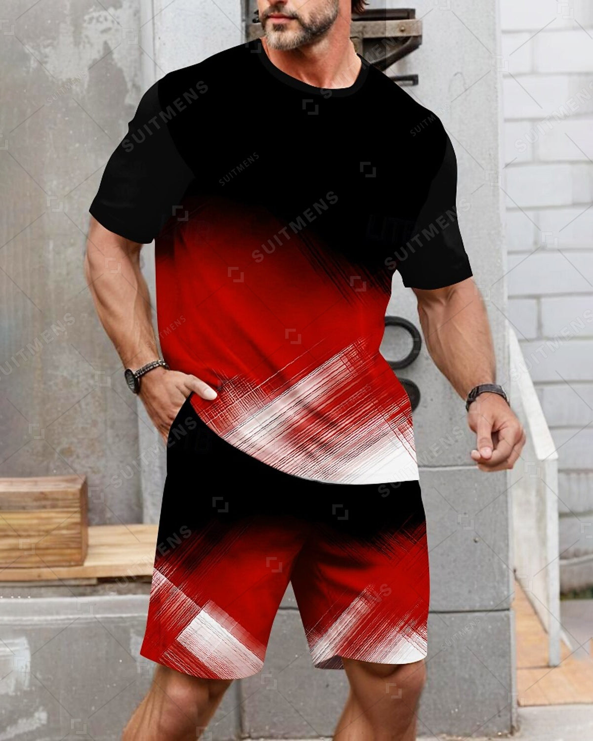 Men's Summer Color Matching Print Round Neck Set 232