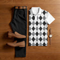 Men's Casual Black & White & Green Color Matching Retro Style Checkered Printed Short Sleeved Polo Shirt & Trousers Two-Piece Set