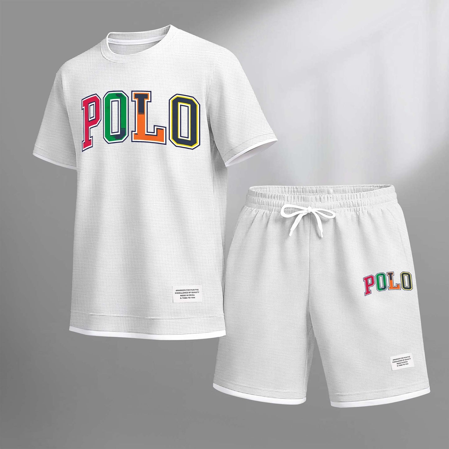 Men's Polo Print Drawstring Shorts Set For Spring/Summer. A Casual Summer Outfit, Including A Short-Sleeved Shirt And Shorts, Suitable For Everyday Wear And Sports. A Two-Piece Set For A Relaxed And Energetic Lifestyle.