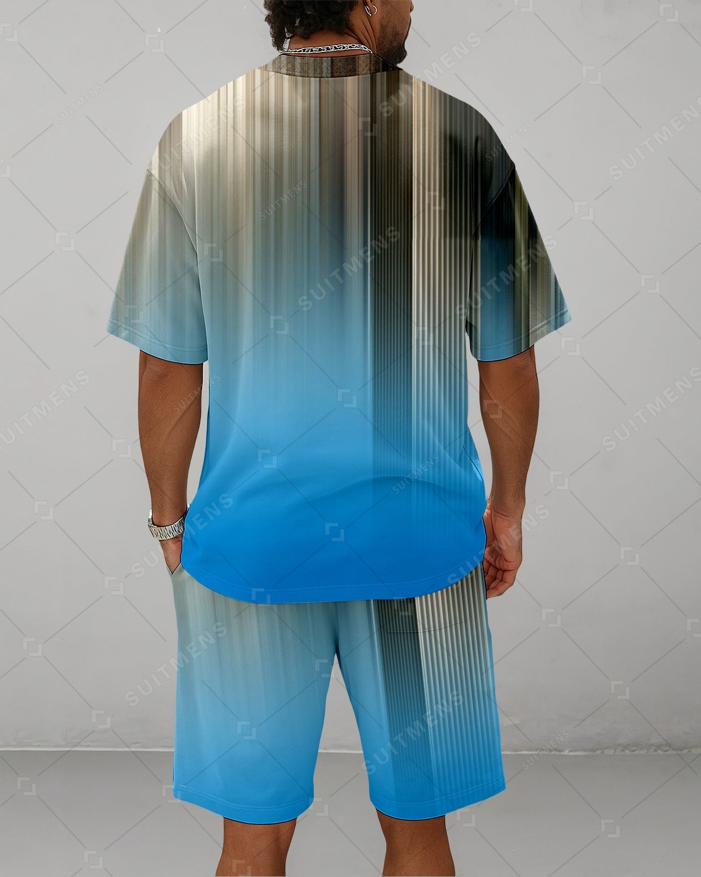 Men's Summer Colorblock Printed Round Neck Suit 064