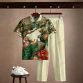 Men's Casual Beige Printed Polo Short-Sleeve T-Shirt And Pants Two-Piece Set