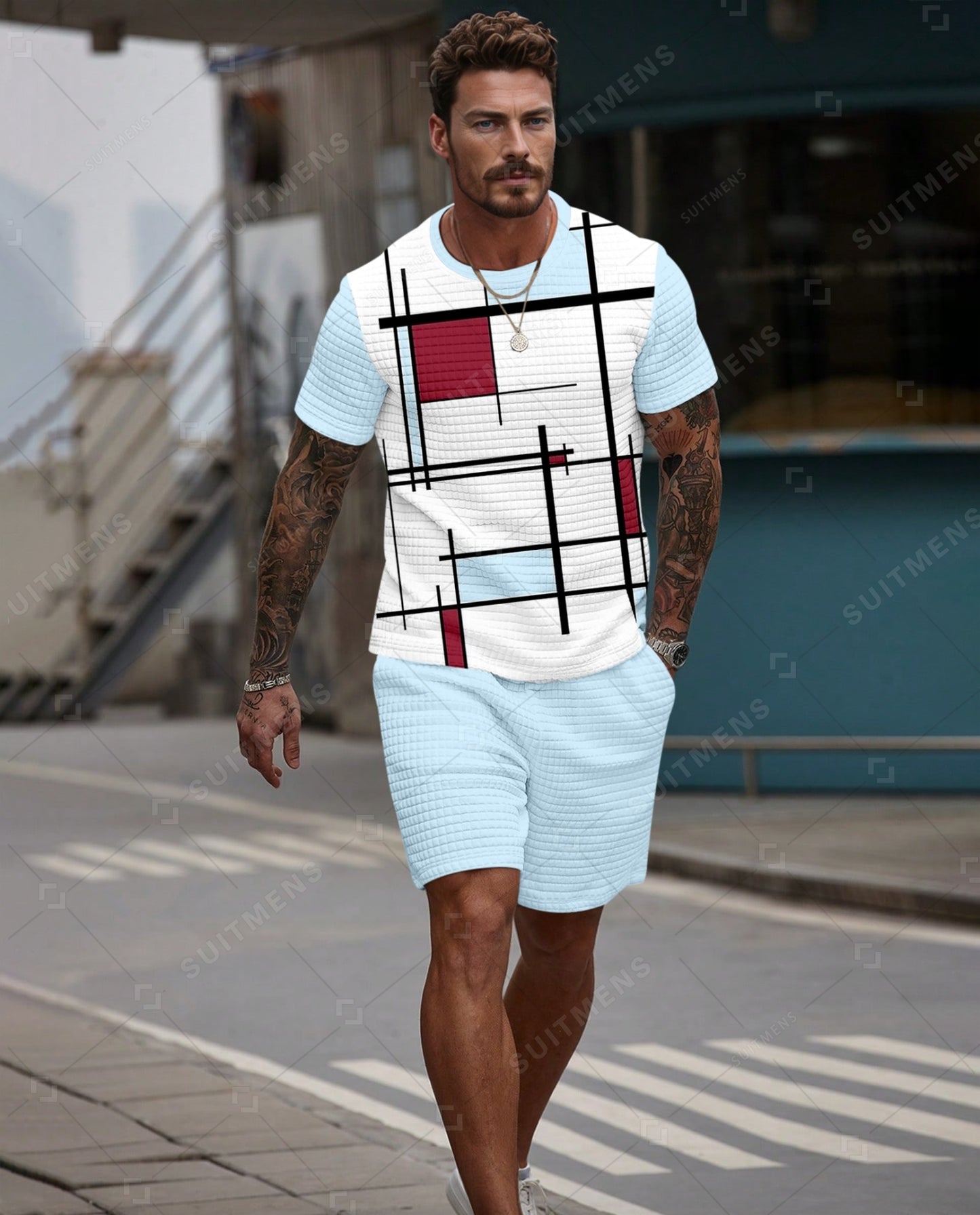 Men's Casual Waffle Textured Summer Round Neck Short Sleeve Shorts Set 0020