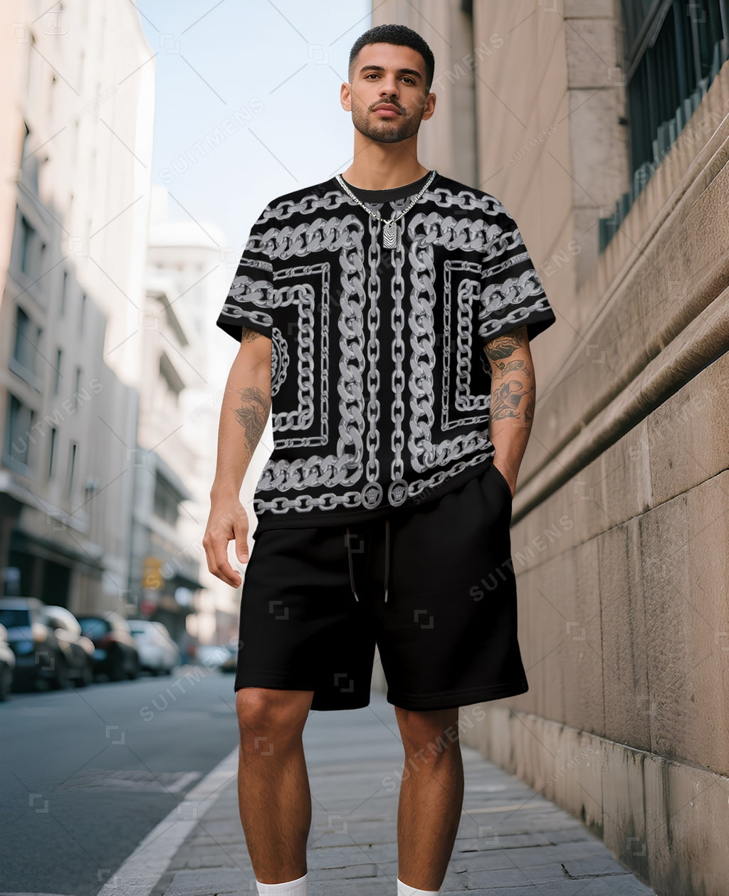 Men's Summer Colorblock Printed Round Neck Suit 045