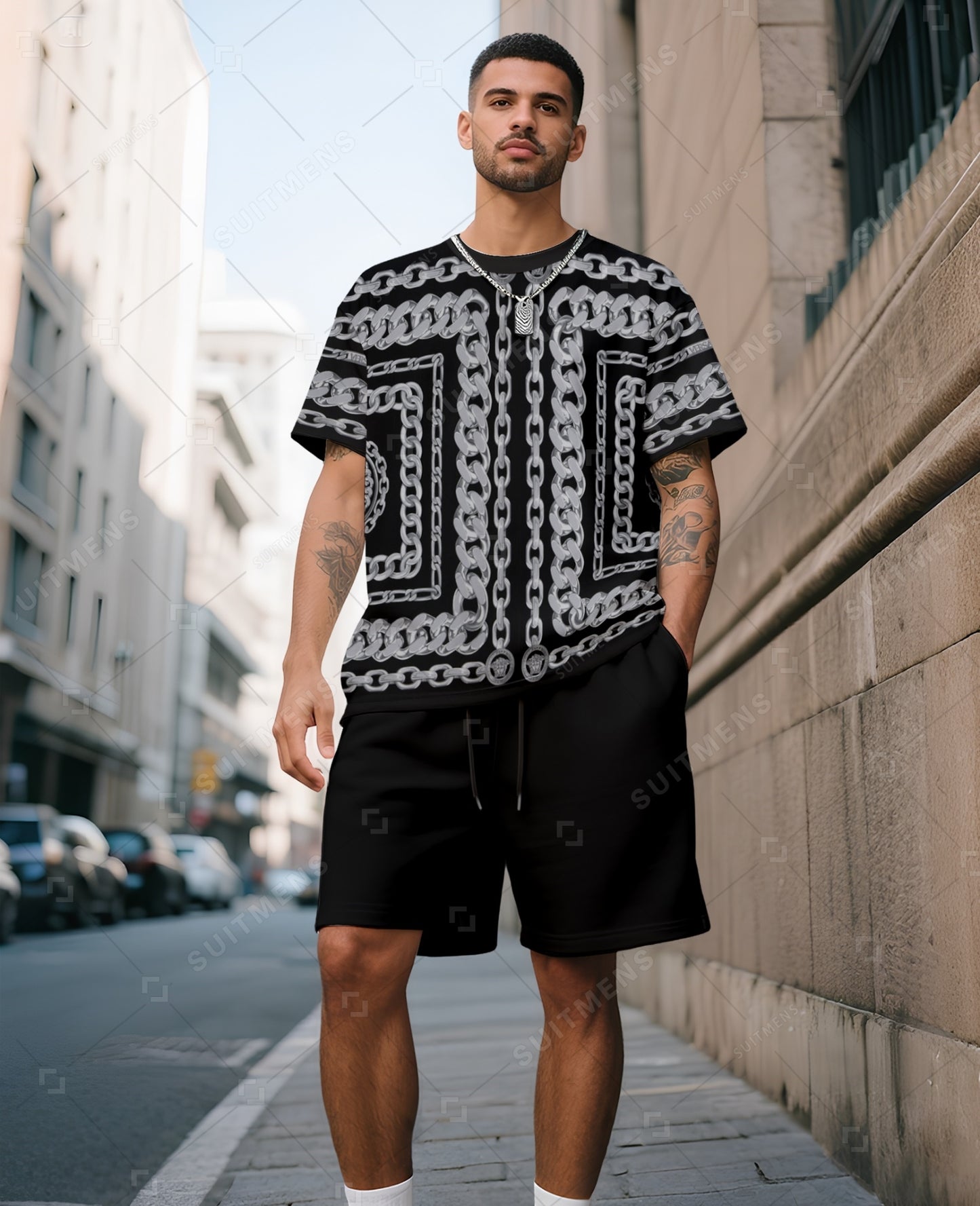 Men's Summer Colorblock Printed Round Neck Suit 045