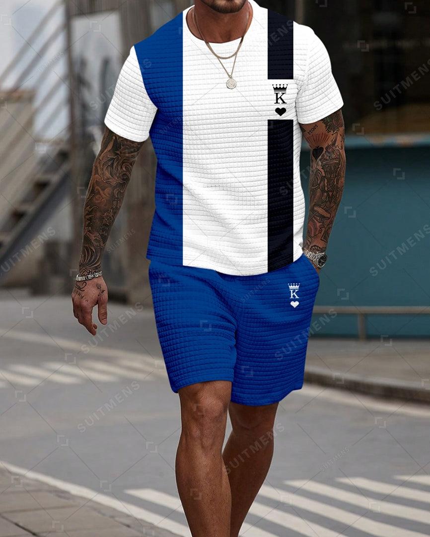 Men's Casual Waffle Textured Summer Round Neck Short Sleeve Shorts Set 0027