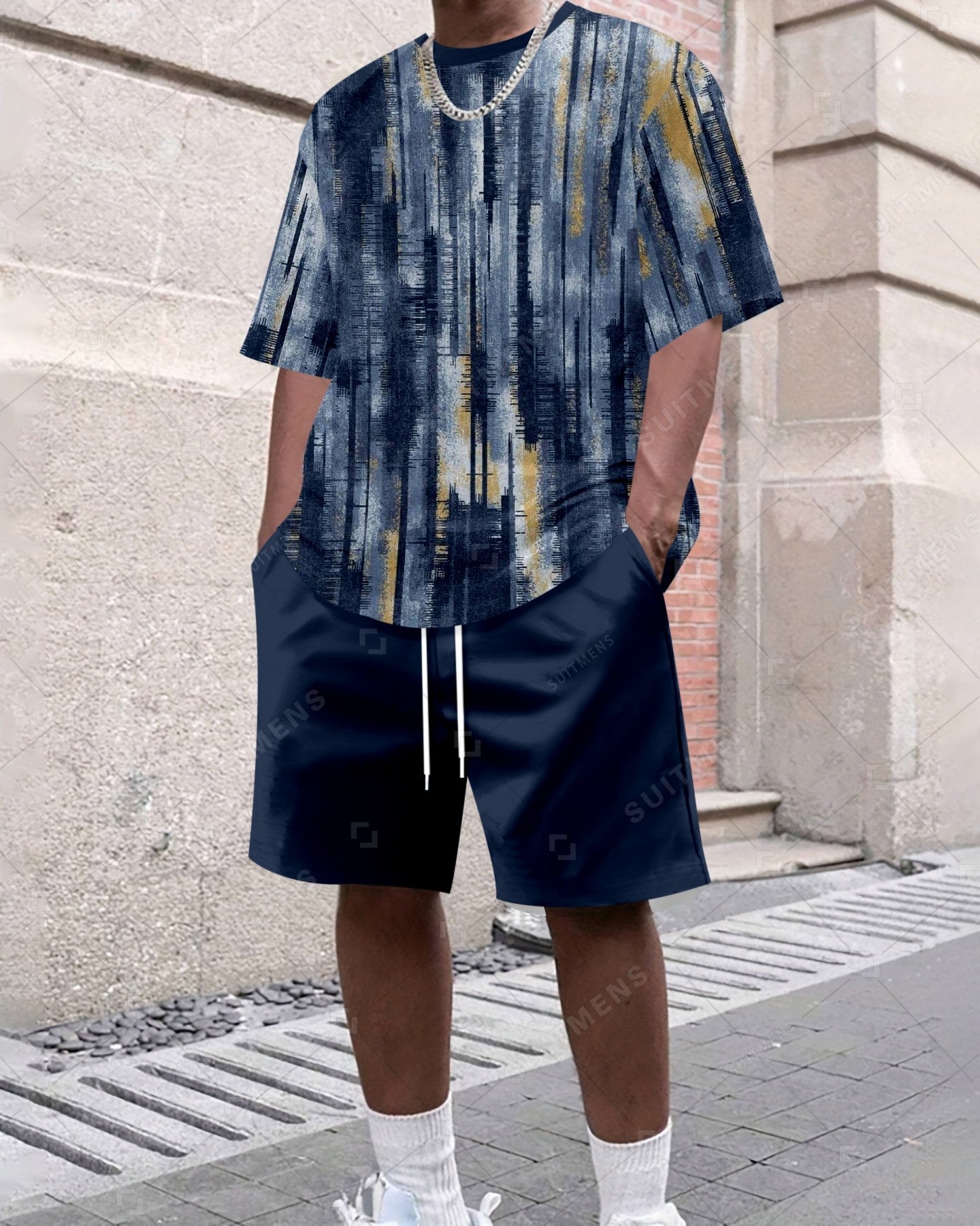 Men's Summer Colorblock Printed Round Neck Set 484