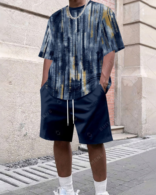 Men's Summer Colorblock Printed Round Neck Set 484