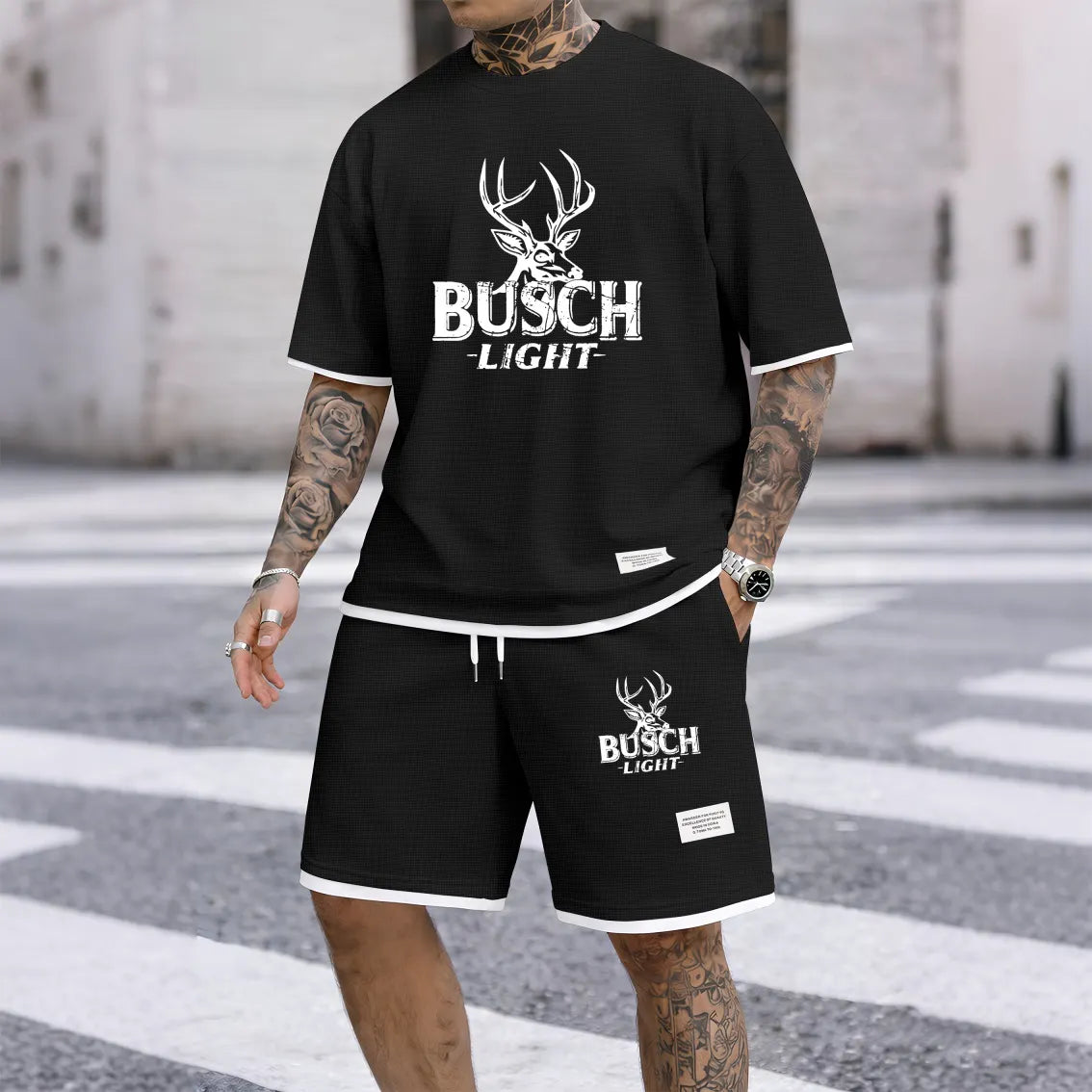 Men's Retro Outdoor Lifestyle Beer Print Waffle Fabric Short-Sleeved Shirt And Shorts Set