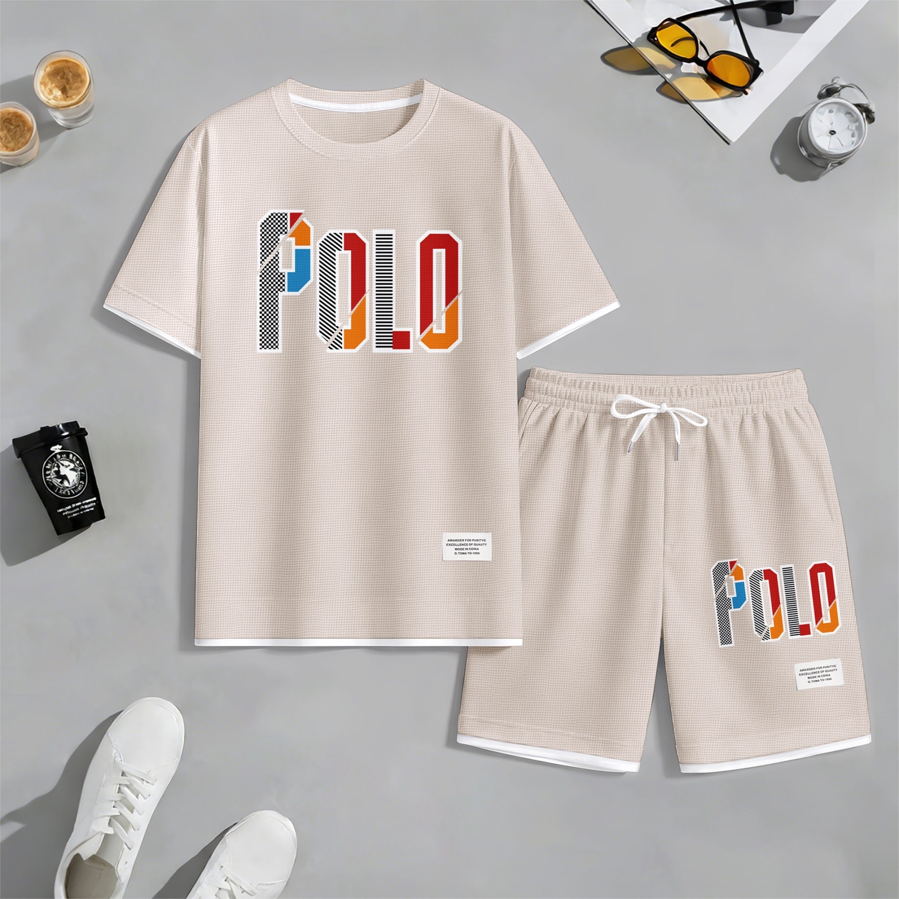 Men's Retro Cool Letter Print Short Sleeve T-Shirt & Shorts Set, Summer Lightweight Waffle Sporty Casual Two-Piece Outfit, Streetwear for Gym & Daily Wear