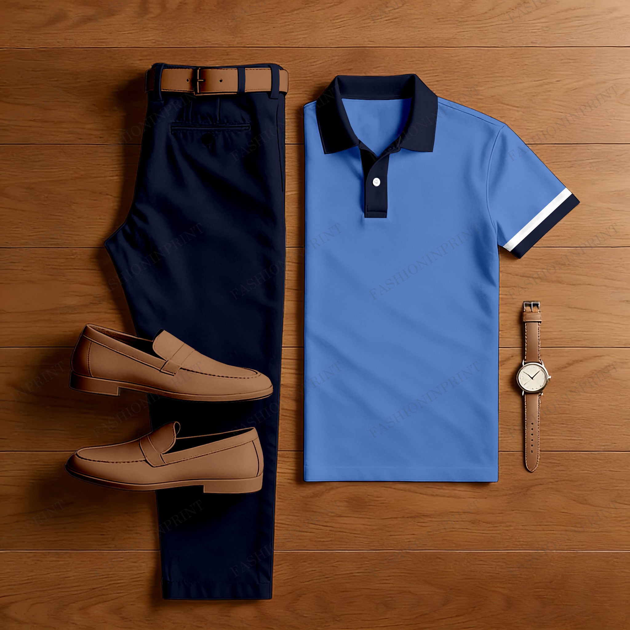 Men's Casual Blue Color  Short Sleeved Polo Shirt & Trousers Two-Piece Set