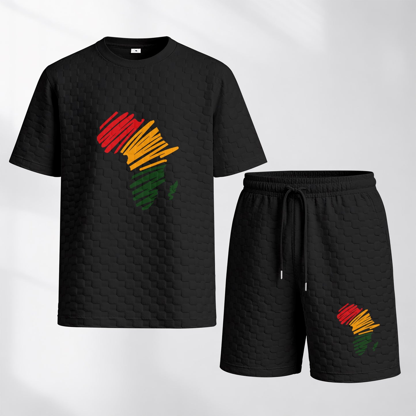 Men's Black History Print Spring And Summer Drawstring Shorts Set, A Casual Summer Outfit, Including A Short-Sleeved Shirt And Shorts, Suitable For Everyday Wear And Sports Activities.