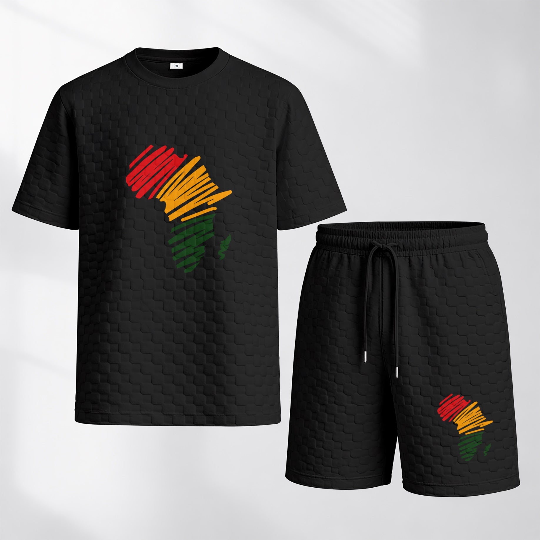 Men's Black History Print Spring And Summer Drawstring Shorts Set, A Casual Summer Outfit, Including A Short-Sleeved Shirt And Shorts, Suitable For Everyday Wear And Sports Activities.