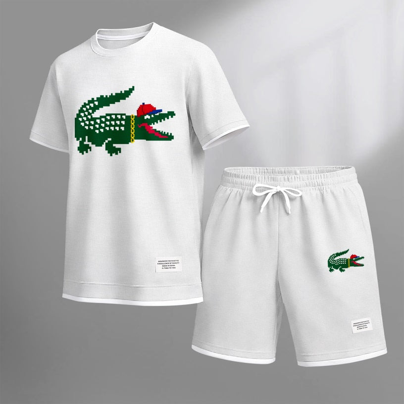 Men's Hip-Hop Crocodile Print Waffle Fabric Short-Sleeved Shirt And Shorts Set