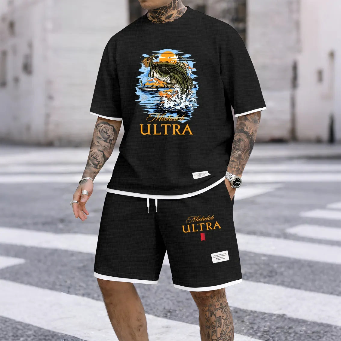 Men's Largemouth Bass Fishing Beer Print Waffle Fabric Short-Sleeved Shirt And Shorts Set