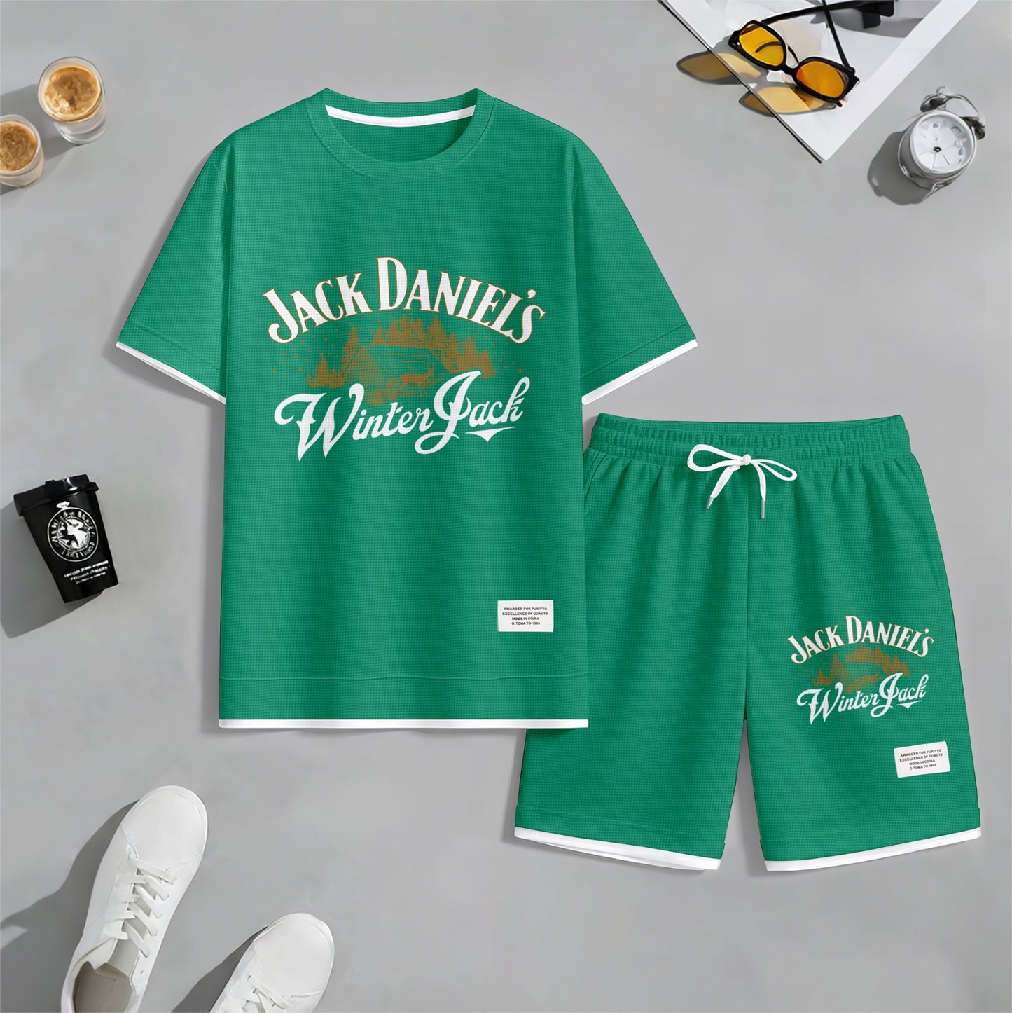 Men's Beer And Beverage Printed Drawstring Shorts Set, Suitable For Spring And Summer Wear, Casual Summer Set, Including Short-Sleeved Shirt And Shorts, Suitable For Everyday Wear And Sports 010