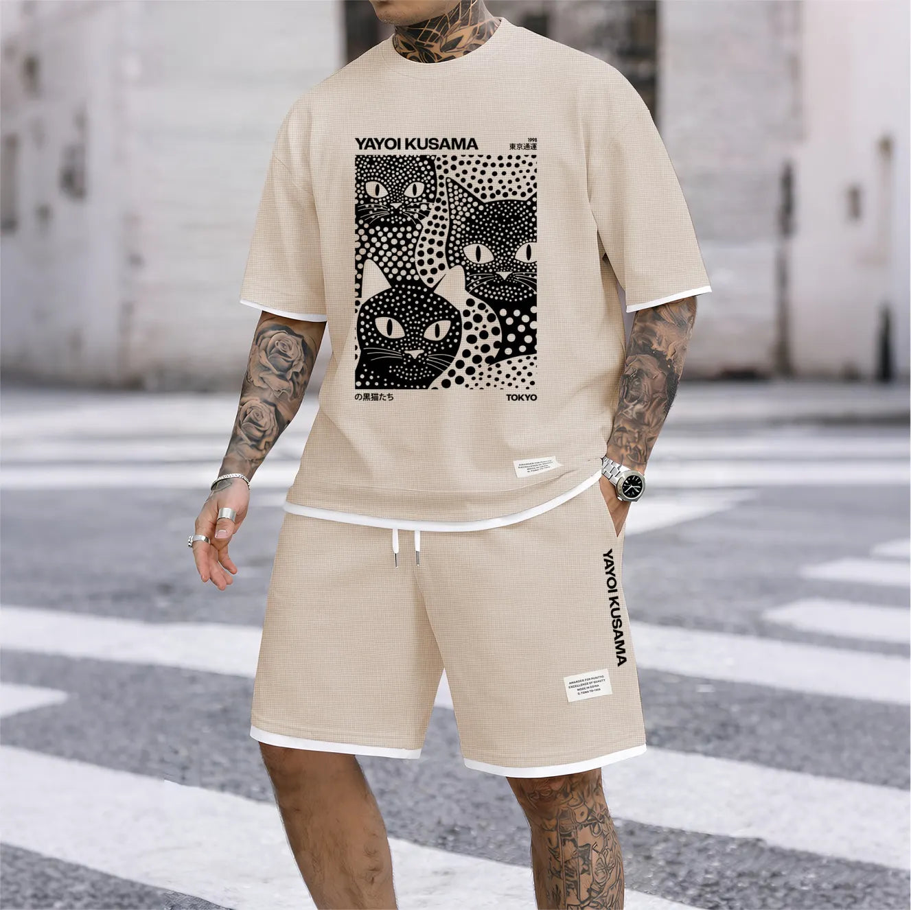 Men's Polka-Dot Black Cat Print Waffle Fabric Short-Sleeved Shirt And Shorts Set