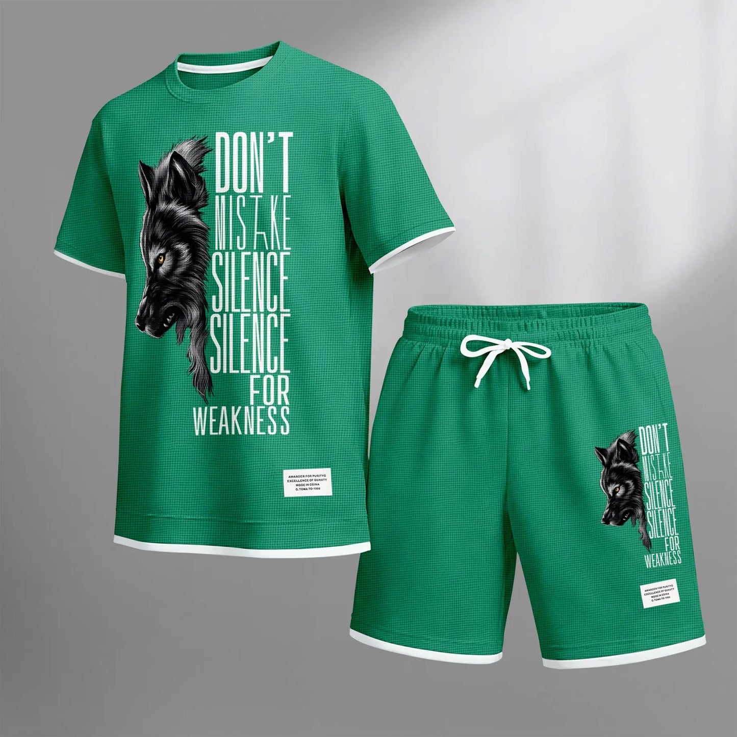 Men's Howling Wolf & "Don't Mistake Silence For Weakness" Quote Graphic Print Waffle Short Sleeve T-Shirt & Shorts Set, Summer Lightweight Casual Sporty Two-Piece Outfit