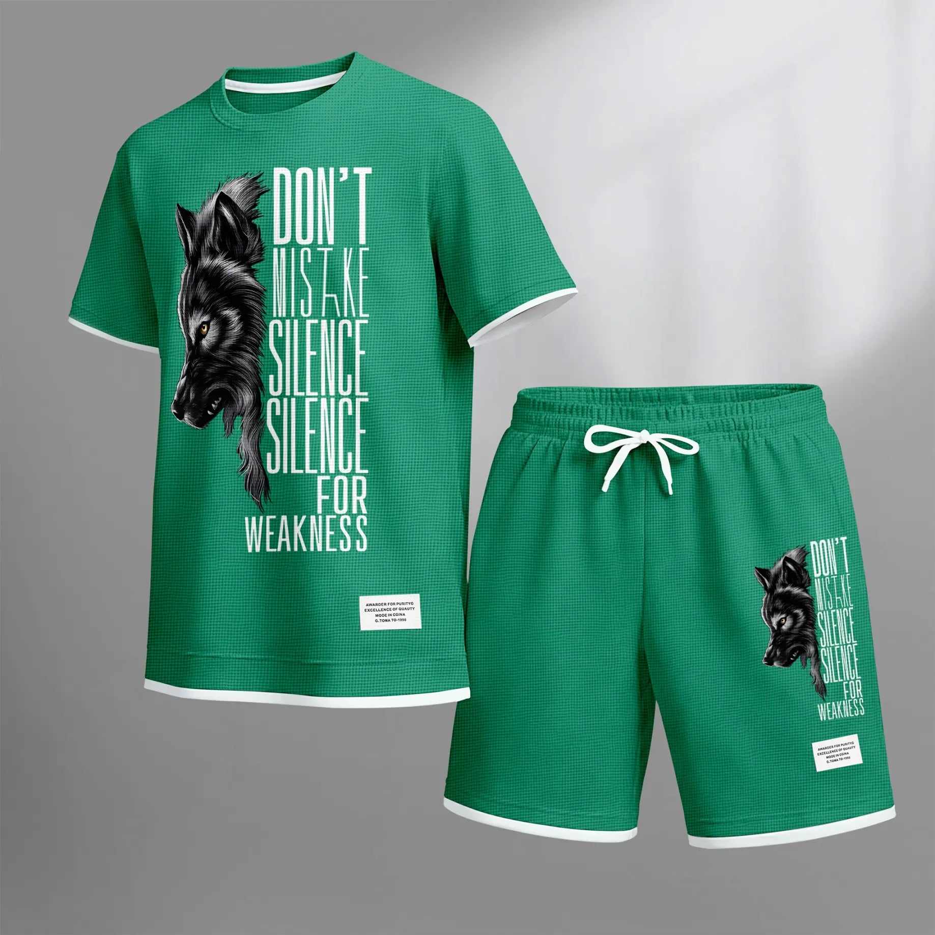 Men's Howling Wolf & "Don't Mistake Silence For Weakness" Quote Graphic Print Waffle Short Sleeve T-Shirt & Shorts Set, Summer Lightweight Casual Sporty Two-Piece Outfit