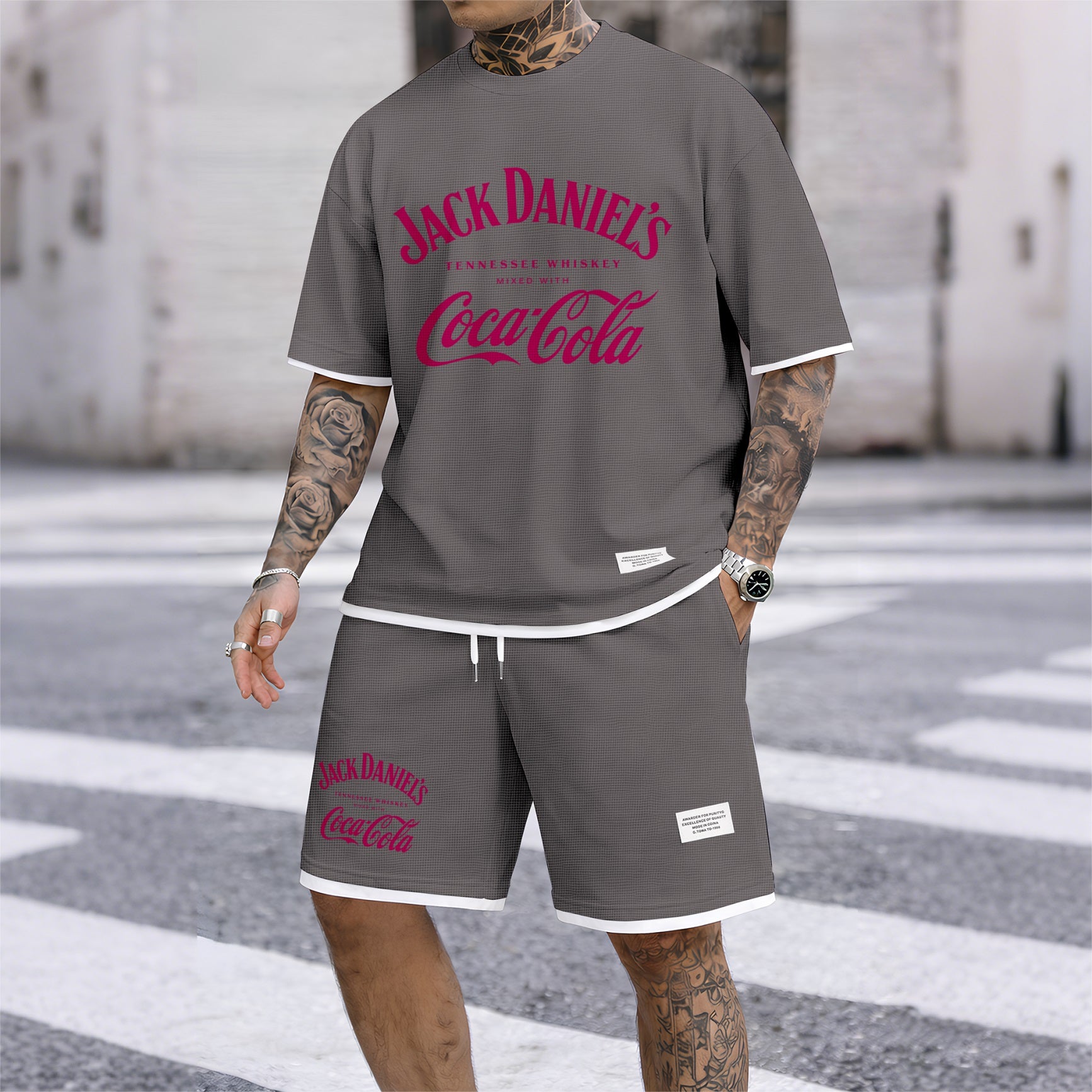 Men's Beer Print Drawstring Shorts Set, Suitable For Spring And Summer Wear, Casual Summer Set, Including Short-Sleeved Shirt And Shorts, Suitable For Everyday Wear And Sports 08