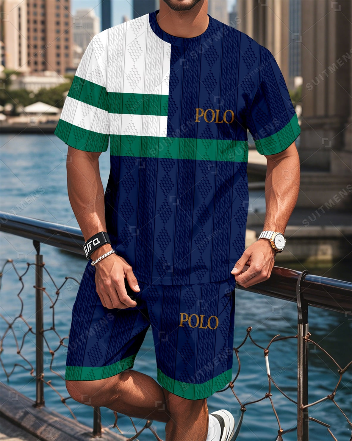 Men's Colorblock Round Neck Jacquard Texture Print Shorts Set  008