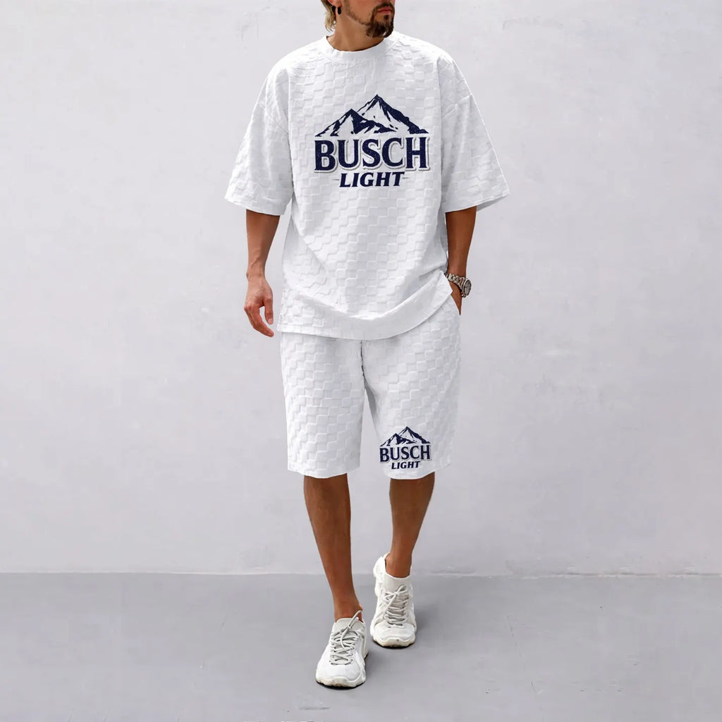 Men's Spring And Summer American Beer Print With Red And Black Line Checkered Fabric Drawstring Shorts Set, Casual Summer Outfit With Short-Sleeved Shirt And Shorts, Ideal For Everyday Wear And Sports Activities