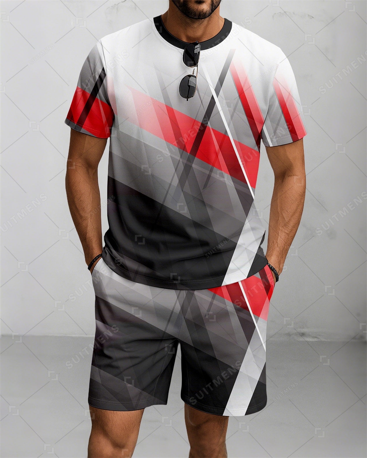 Men's Summer Colorblock Printed Round Neck Suit 081