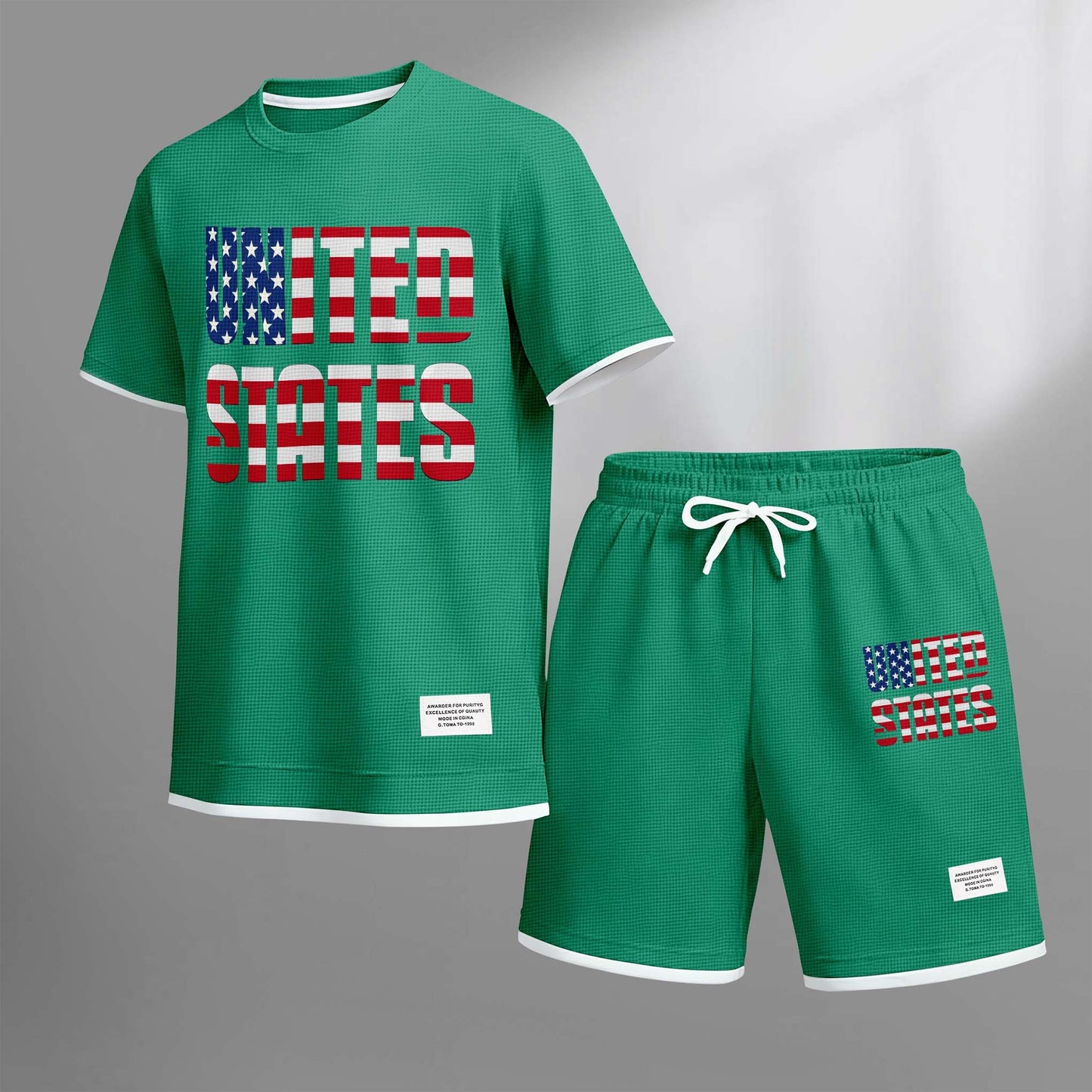 Men's United States Print Drawstring Shorts Set For Spring/Summer. A Casual Summer Outfit, Including A Short-Sleeved Shirt And Shorts, Suitable For Everyday Wear And Sports. A Two-Piece Set For A Relaxed And Energetic Lifestyle.