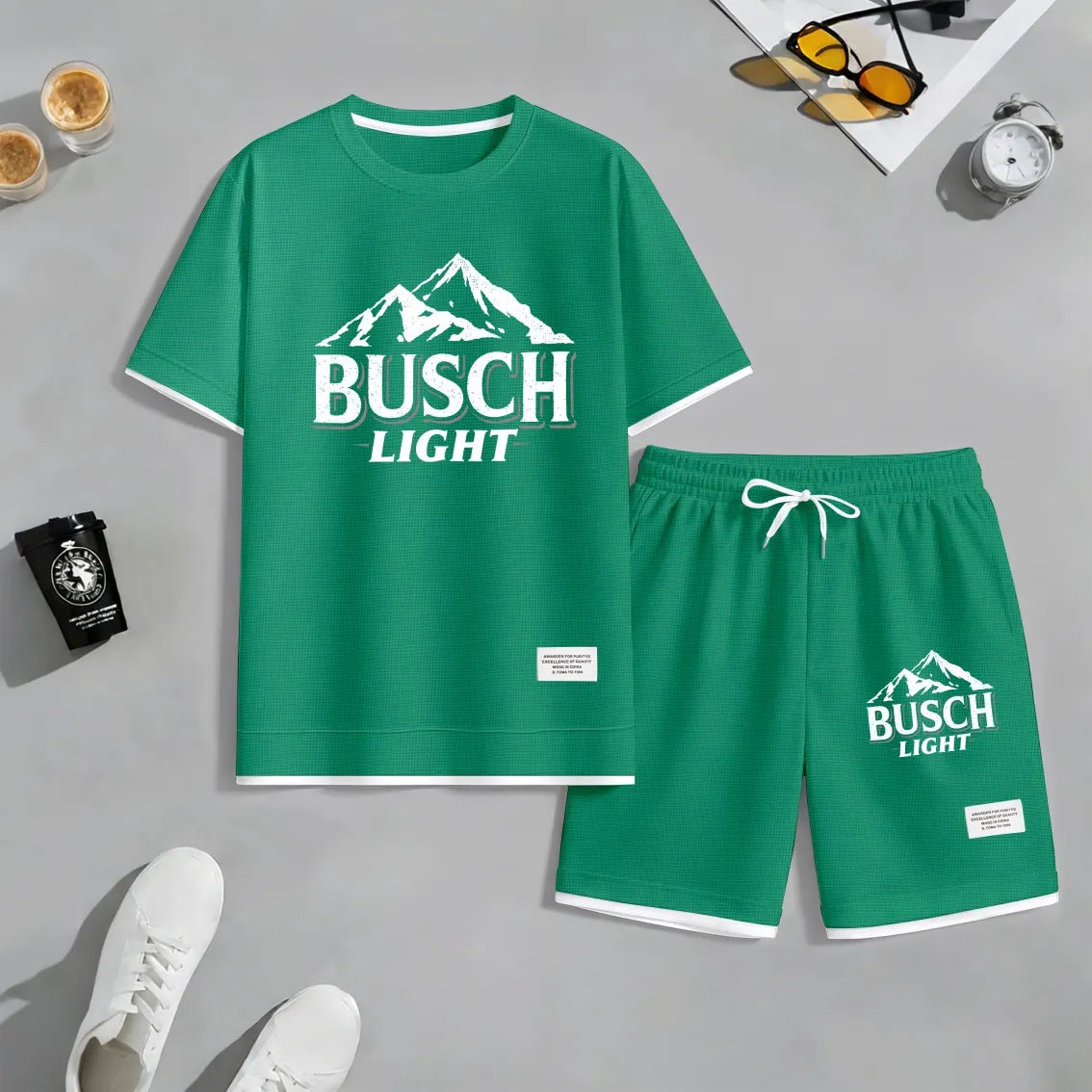 Men's Retro Mountain Beer Print Waffle Fabric Short-Sleeved Shirt And Shorts Set