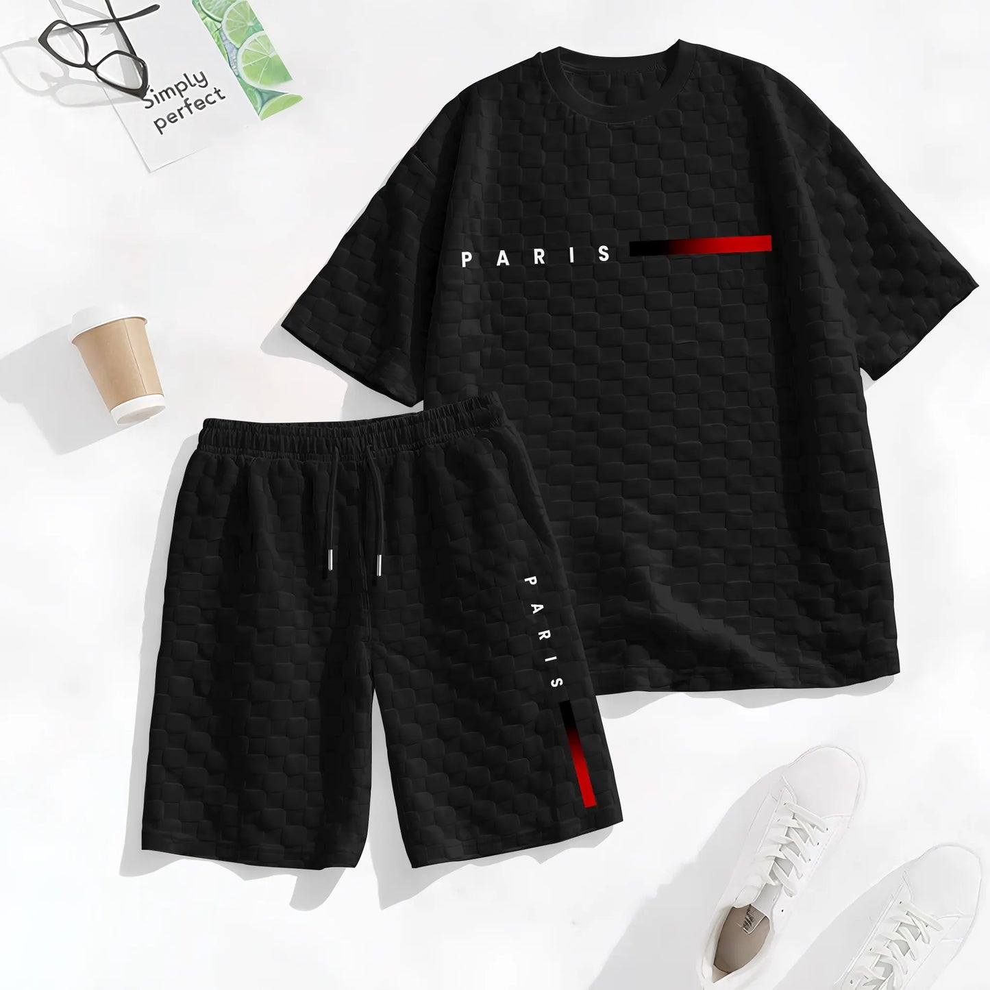 Men's Spring and Summer 'PARIS' Letter Print with Red and Black Line Checkered Fabric Drawstring Shorts Set, Casual Summer Outfit with Short-Sleeved Shirt and Shorts, Ideal for Everyday Wear and Sports Activities