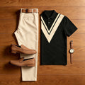 Men's Casual Black V-Shape Printed Polo Shirt And Pants Two-Piece Set