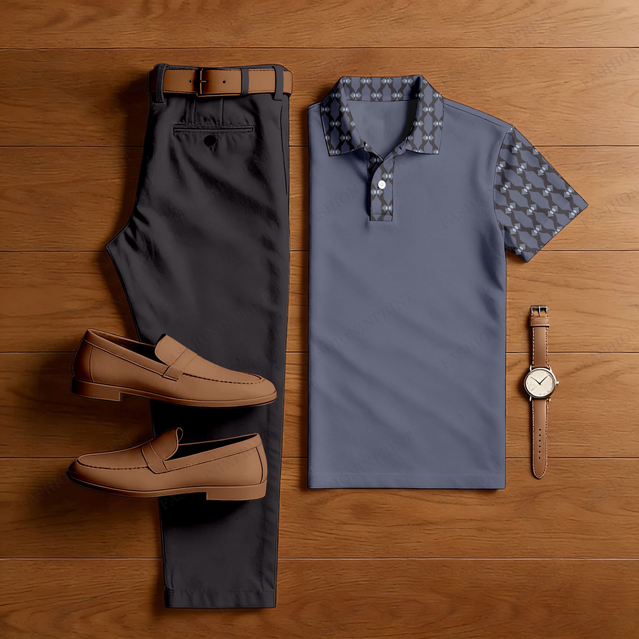 Men's Casual Black & Purple Gray Color Matching Checkered Printed Short Sleeved Polo Shirt & Trousers Two-Piece Set