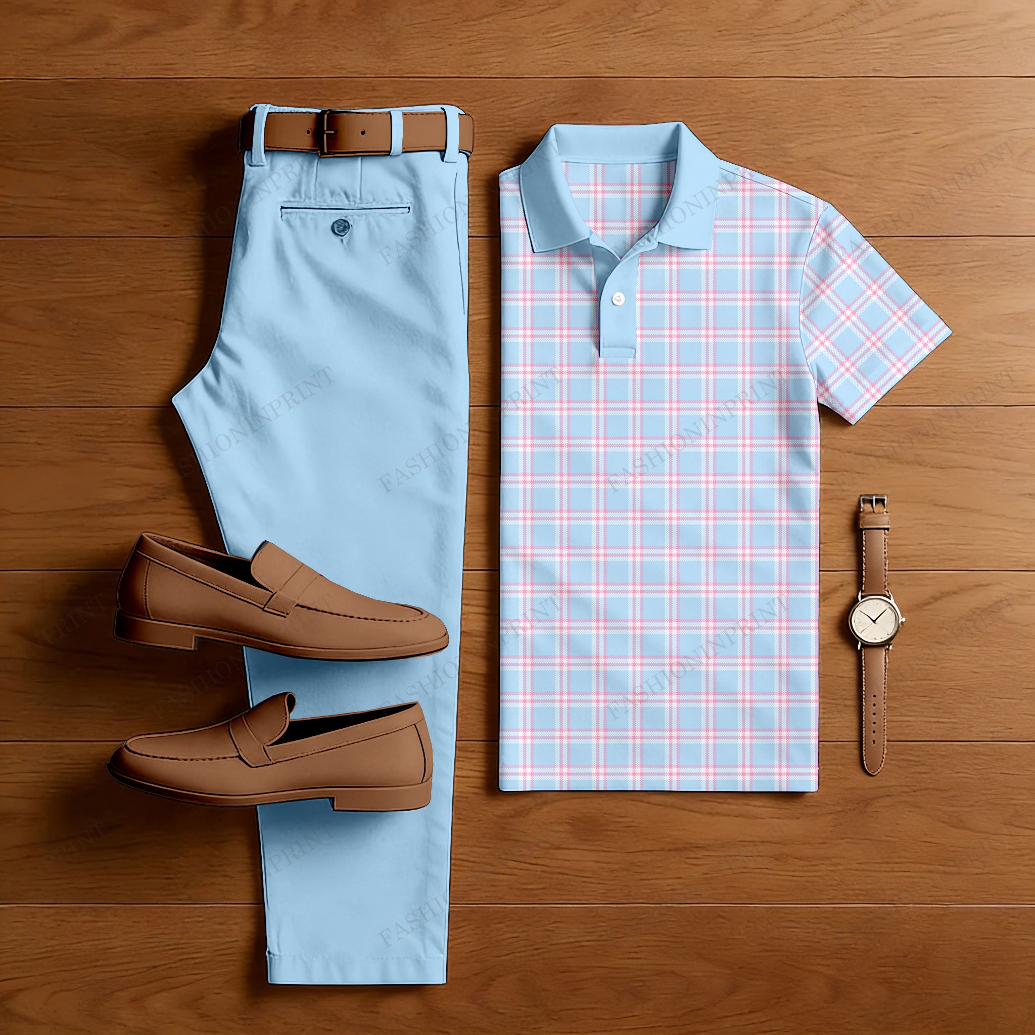 Men's Casual Sky Blue Plaid Printed Polo Shirt And Pants Two-Piece Set